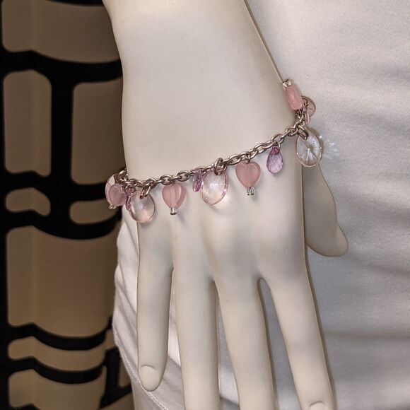 Bracelet. Pink heart & oval beads, clear & solid - Picture 3 of 9